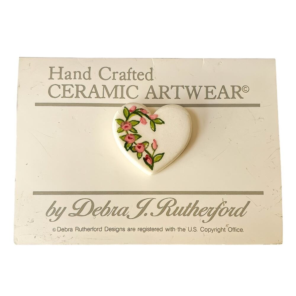 Vintage Debra J Rutherford Ceramic Heart Pin Hand Painted Pink Roses